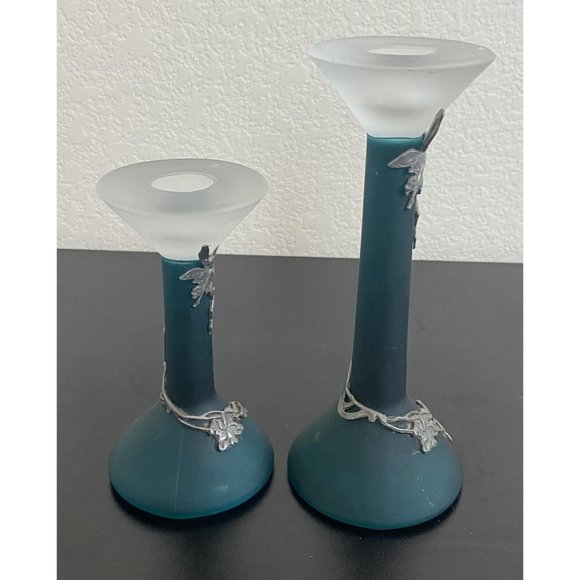 Turquoise Frosted Glass Candlesticks with tin Fairies Short and long Blue Green - Picture 2 of 8